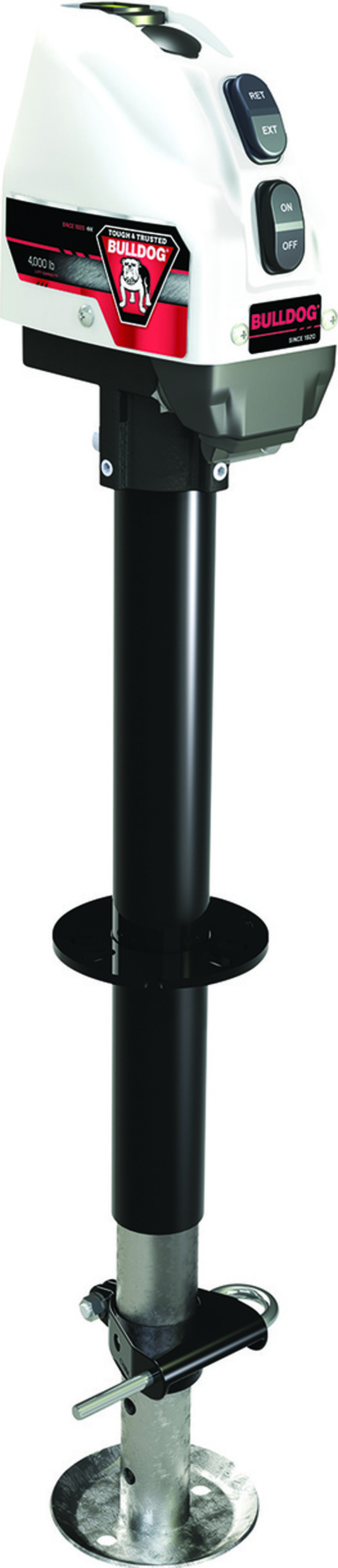Powered Drive Tongue Jack, A-Frame, 22 Travel, White Case, Rating 4,000 Lbs.