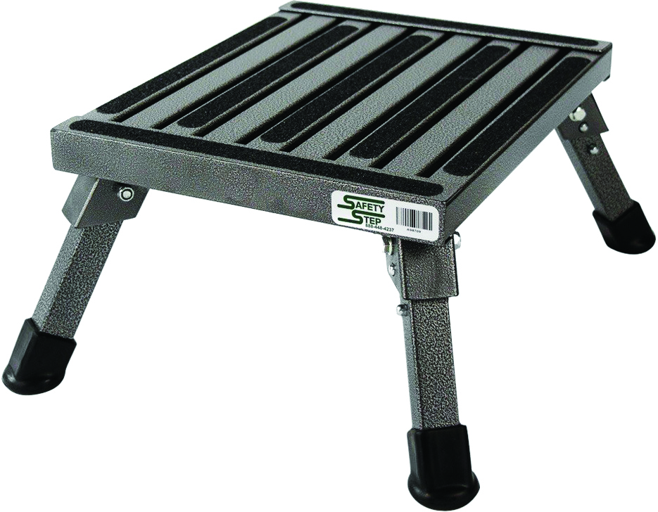 The Rugged All Aluminum Anti-Tip Small Folding Safety Step In Silver Vein Powder Coat Finish. Impossible To Tip Over With Nom