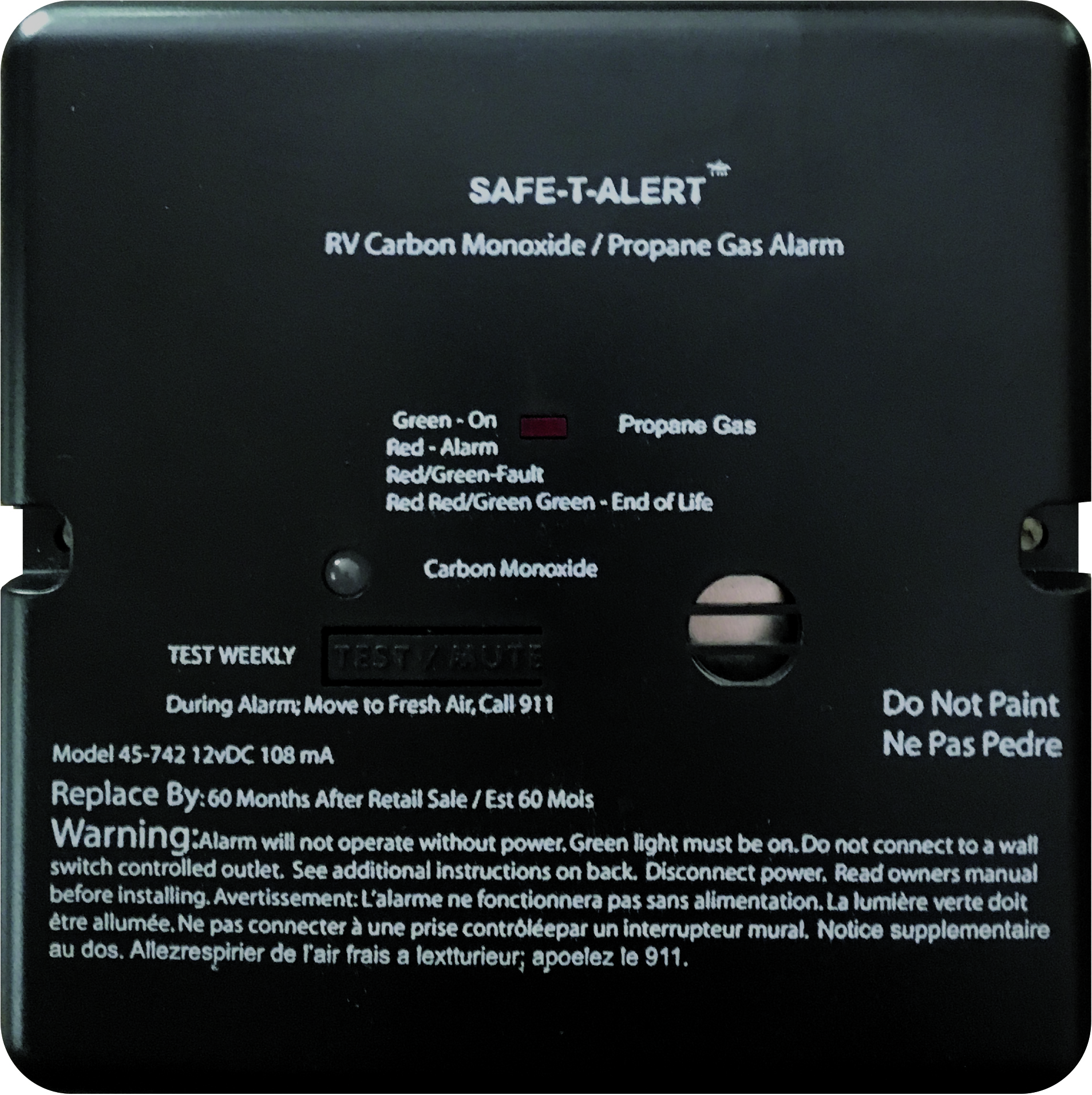 Combination Carbon Monoxide/propane Alarm - White Flush Mount 12 Vdc Hard Wire