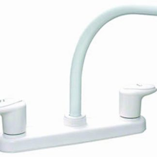 Kitchen Faucet, 8 Hi-Arc, 2 Lever, 1/4 Turn, Plastic, White, Box